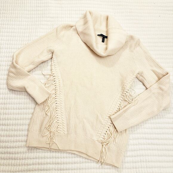White House Black Market Cowl Neck Fringe Sweater sz M Cream Knit Sweater - Picture 2 of 8